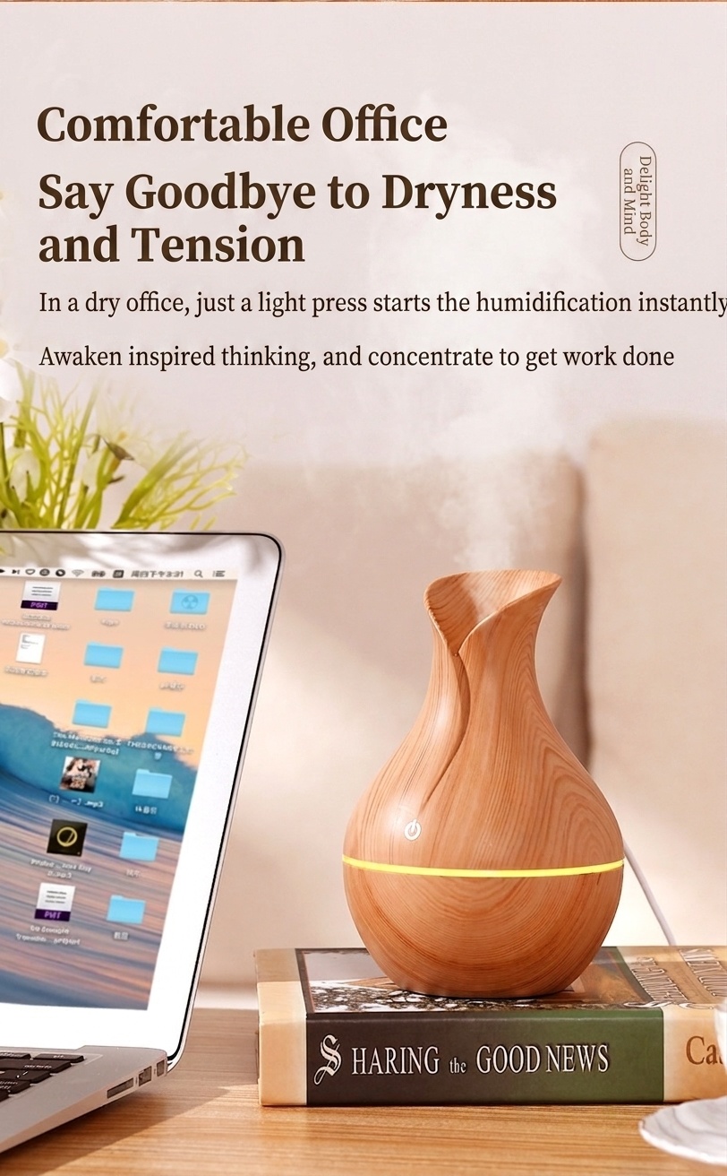 Humidificador portátil USB mini tipo jarrón, humidificador de escritorio silencioso con acabado de madera y luz ambiental LED de 7 colores para dormitorios, habitaciones y oficinas.