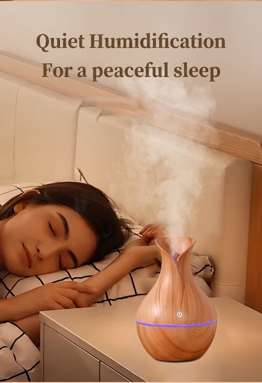 Humidificador portátil USB mini tipo jarrón, humidificador de escritorio silencioso con acabado de madera y luz ambiental LED de 7 colores para dormitorios, habitaciones y oficinas.
