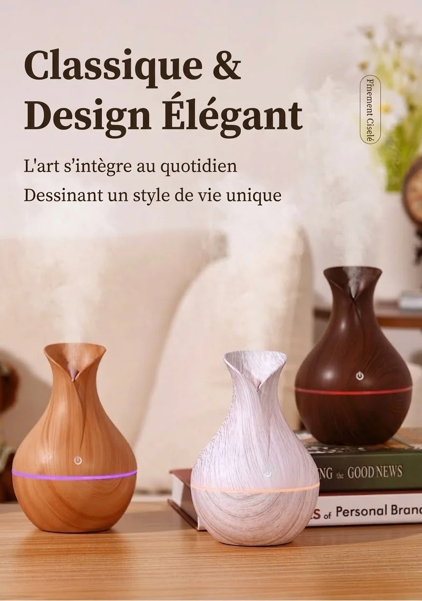 Humidificateur portable USB mini vase, humidificateur de bureau silencieux aspect bois avec lumière d'ambiance LED 7 couleurs pour dortoir, chambre et bureau