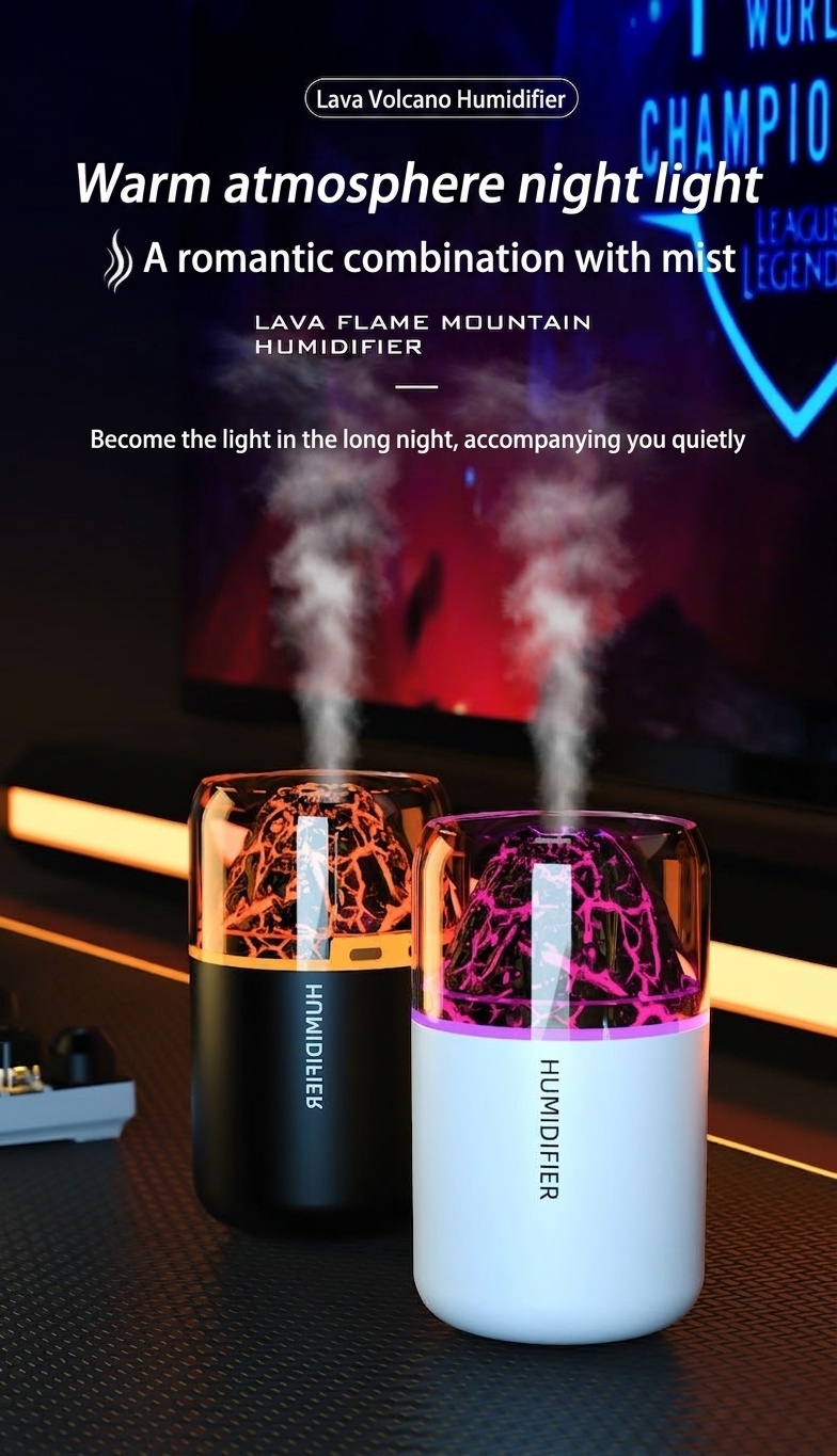 Humidificador y difusor de aceites esenciales con efecto llama de lava, 180 ml, generador de niebla ultrasónico silencioso con luz nocturna de llama cautivadora para el hogar, el dormitorio y la oficina.