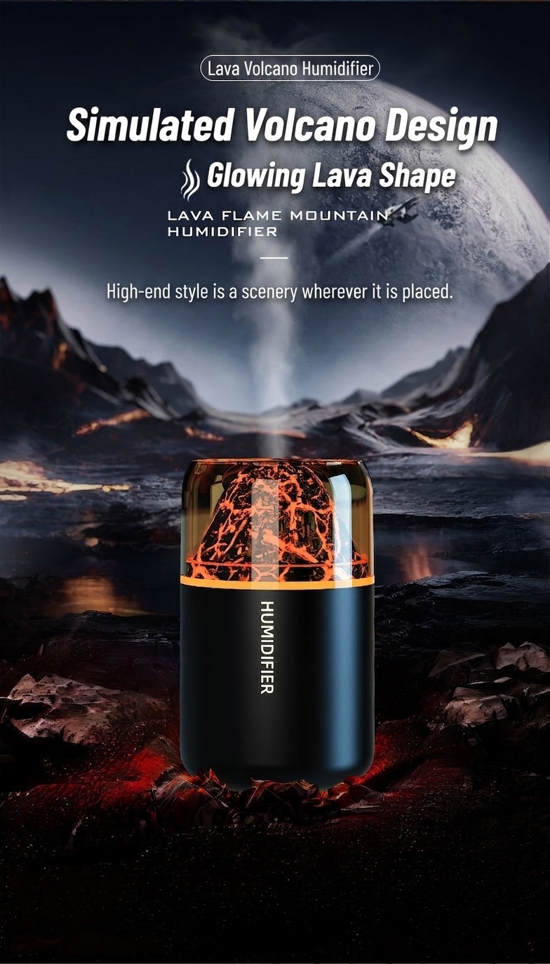 Humidificador y difusor de aceites esenciales con efecto llama de lava, 180 ml, generador de niebla ultrasónico silencioso con luz nocturna de llama cautivadora para el hogar, el dormitorio y la oficina.