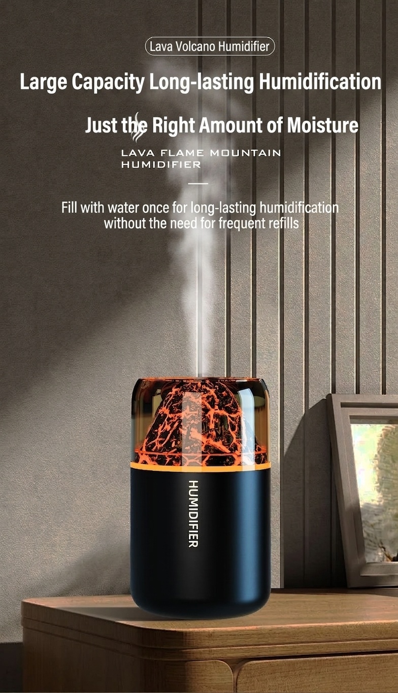 Humidificador y difusor de aceites esenciales con efecto llama de lava, 180 ml, generador de niebla ultrasónico silencioso con luz nocturna de llama cautivadora para el hogar, el dormitorio y la oficina.