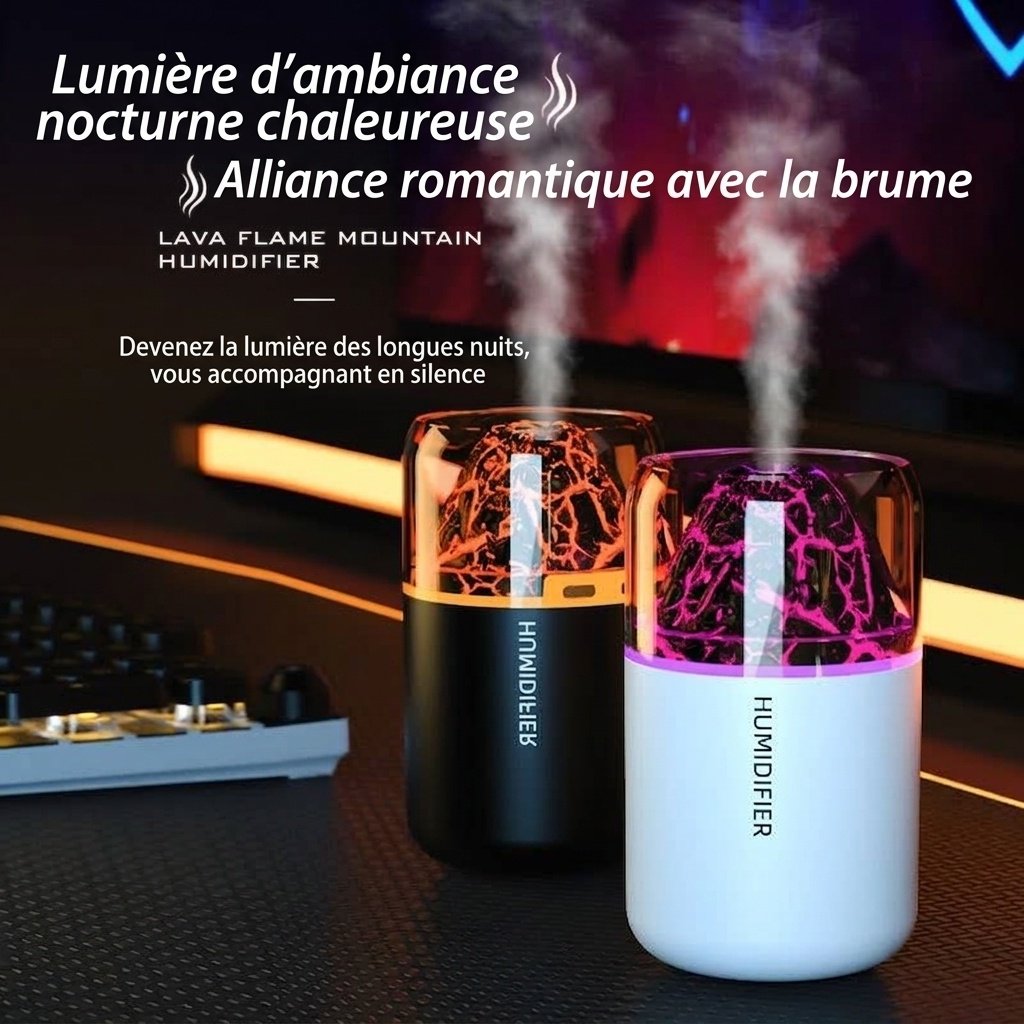 Humidificateur et diffuseur d'huiles essentielles Lava Flame, brumisateur ultrasonique silencieux de 180 ml avec veilleuse flamme captivante pour la maison, la chambre et le bureau
