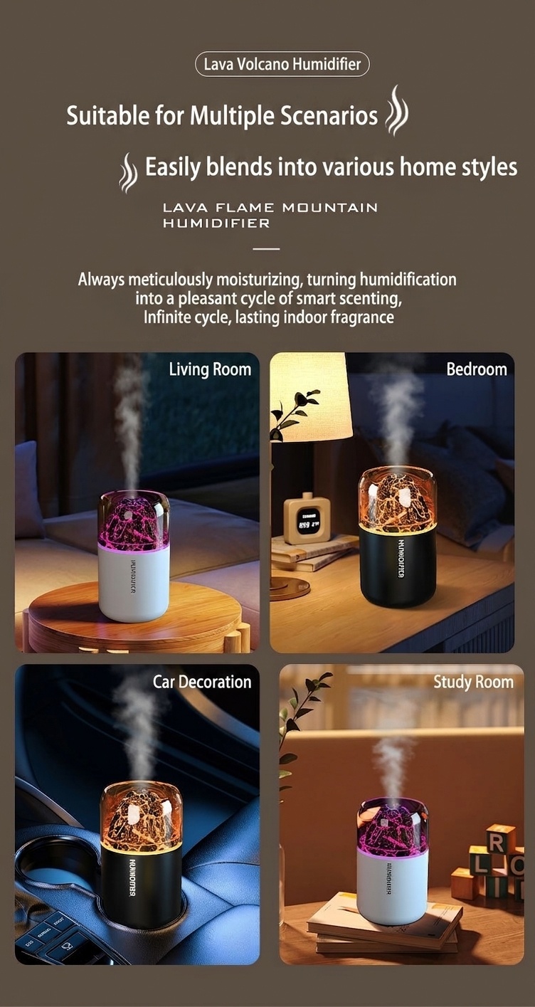 Humidificador y difusor de aceites esenciales con efecto llama de lava, 180 ml, generador de niebla ultrasónico silencioso con luz nocturna de llama cautivadora para el hogar, el dormitorio y la oficina.