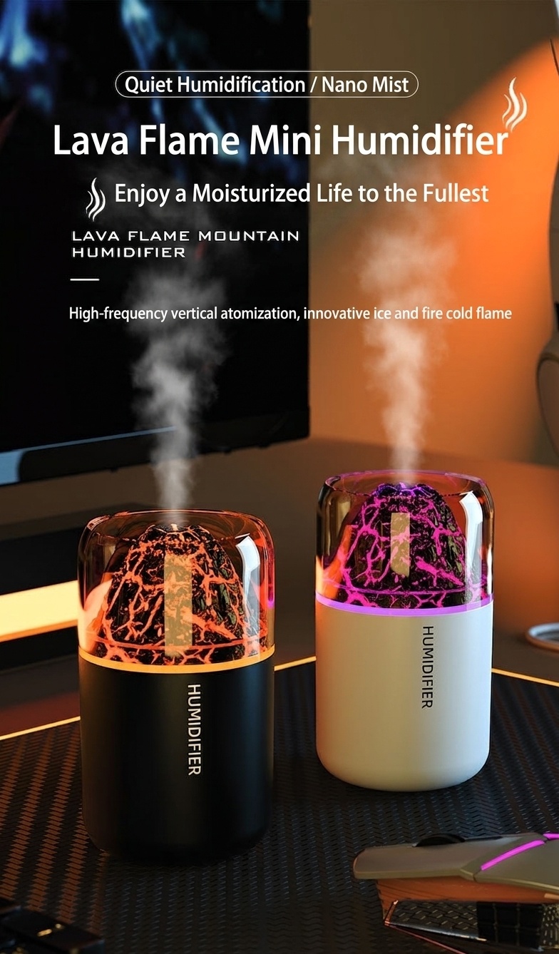 Humidificador y difusor de aceites esenciales con efecto llama de lava, 180 ml, generador de niebla ultrasónico silencioso con luz nocturna de llama cautivadora para el hogar, el dormitorio y la oficina.