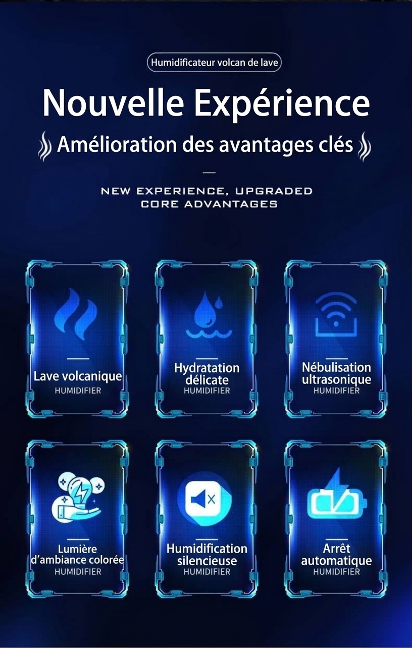 Humidificateur et diffuseur d'huiles essentielles Lava Flame, brumisateur ultrasonique silencieux de 180 ml avec veilleuse flamme captivante pour la maison, la chambre et le bureau