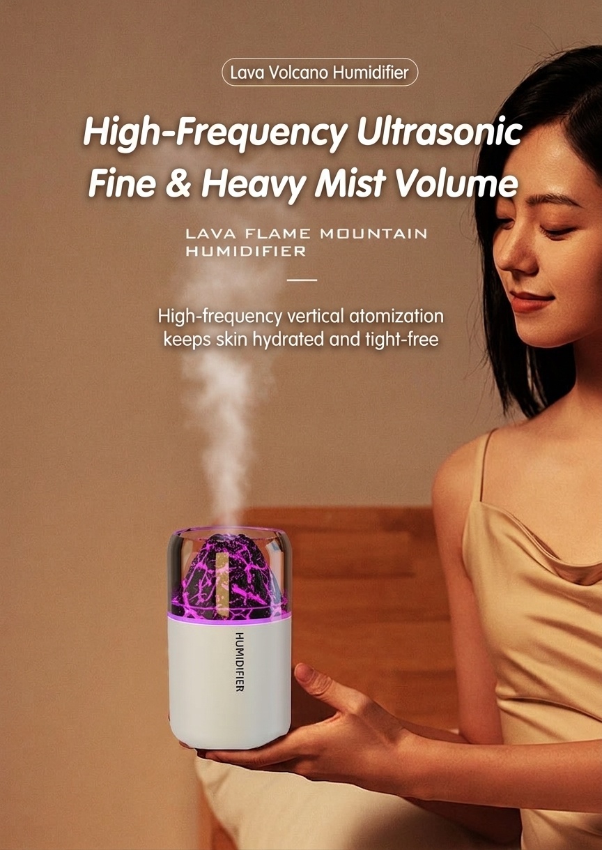 Humidificador y difusor de aceites esenciales con efecto llama de lava, 180 ml, generador de niebla ultrasónico silencioso con luz nocturna de llama cautivadora para el hogar, el dormitorio y la oficina.
