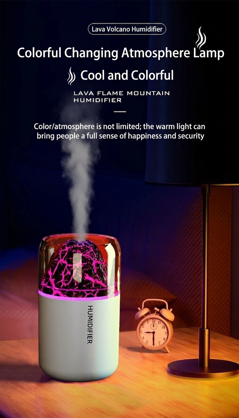 Humidificador y difusor de aceites esenciales con efecto llama de lava, 180 ml, generador de niebla ultrasónico silencioso con luz nocturna de llama cautivadora para el hogar, el dormitorio y la oficina.