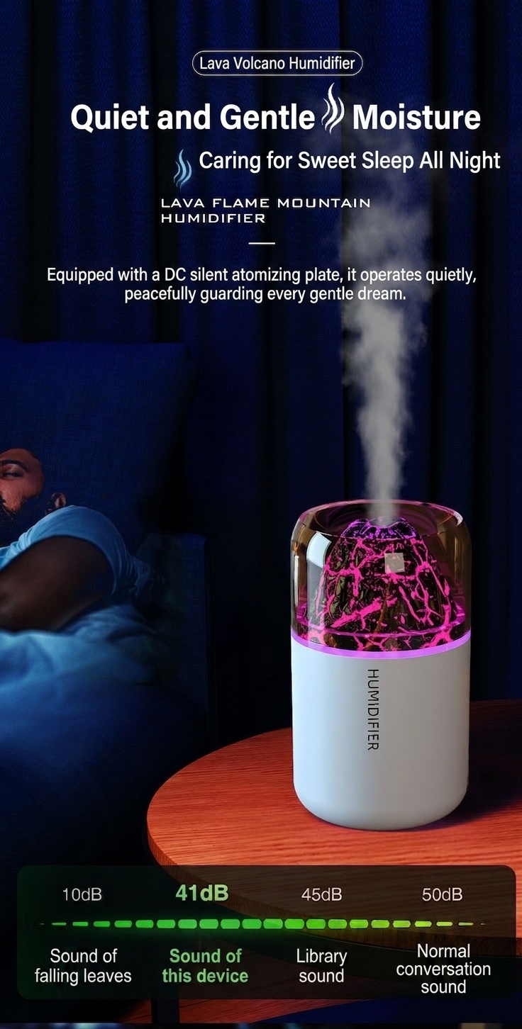 Humidificador y difusor de aceites esenciales con efecto llama de lava, 180 ml, generador de niebla ultrasónico silencioso con luz nocturna de llama cautivadora para el hogar, el dormitorio y la oficina.