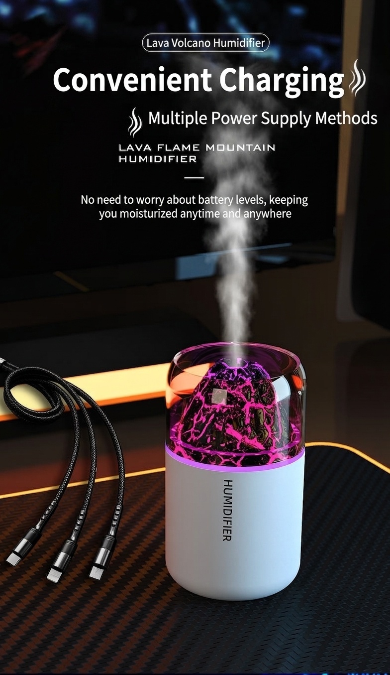 Humidificador y difusor de aceites esenciales con efecto llama de lava, 180 ml, generador de niebla ultrasónico silencioso con luz nocturna de llama cautivadora para el hogar, el dormitorio y la oficina.