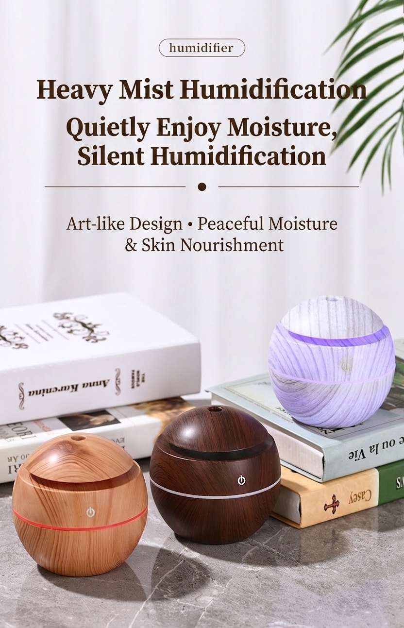 Mini humidificador USB con diseño de vetas de madera y difusor de aromas, 200 ml, portátil, silencioso, generador de niebla ultrasónico con luz LED de 9 colores, modos de 4/8 horas para el hogar y el escritorio.