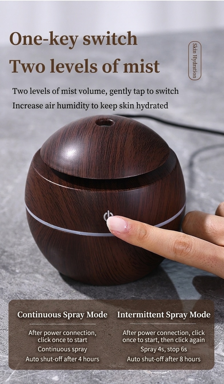 Mini humidificador USB con diseño de vetas de madera y difusor de aromas, 200 ml, portátil, silencioso, generador de niebla ultrasónico con luz LED de 9 colores, modos de 4/8 horas para el hogar y el escritorio.