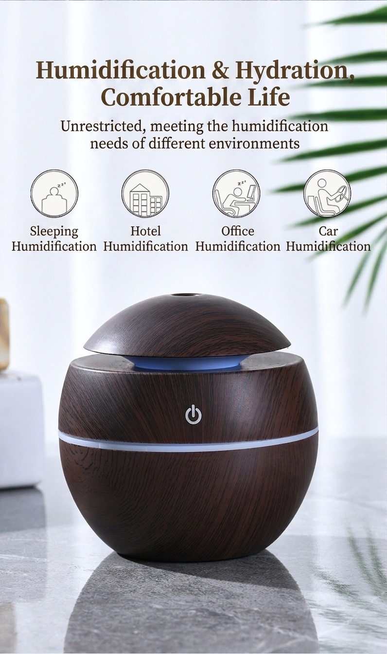 Mini humidificador USB con diseño de vetas de madera y difusor de aromas, 200 ml, portátil, silencioso, generador de niebla ultrasónico con luz LED de 9 colores, modos de 4/8 horas para el hogar y el escritorio.