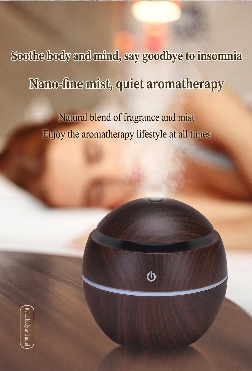 Mini humidificador USB con diseño de vetas de madera y difusor de aromas, 200 ml, portátil, silencioso, generador de niebla ultrasónico con luz LED de 9 colores, modos de 4/8 horas para el hogar y el escritorio.