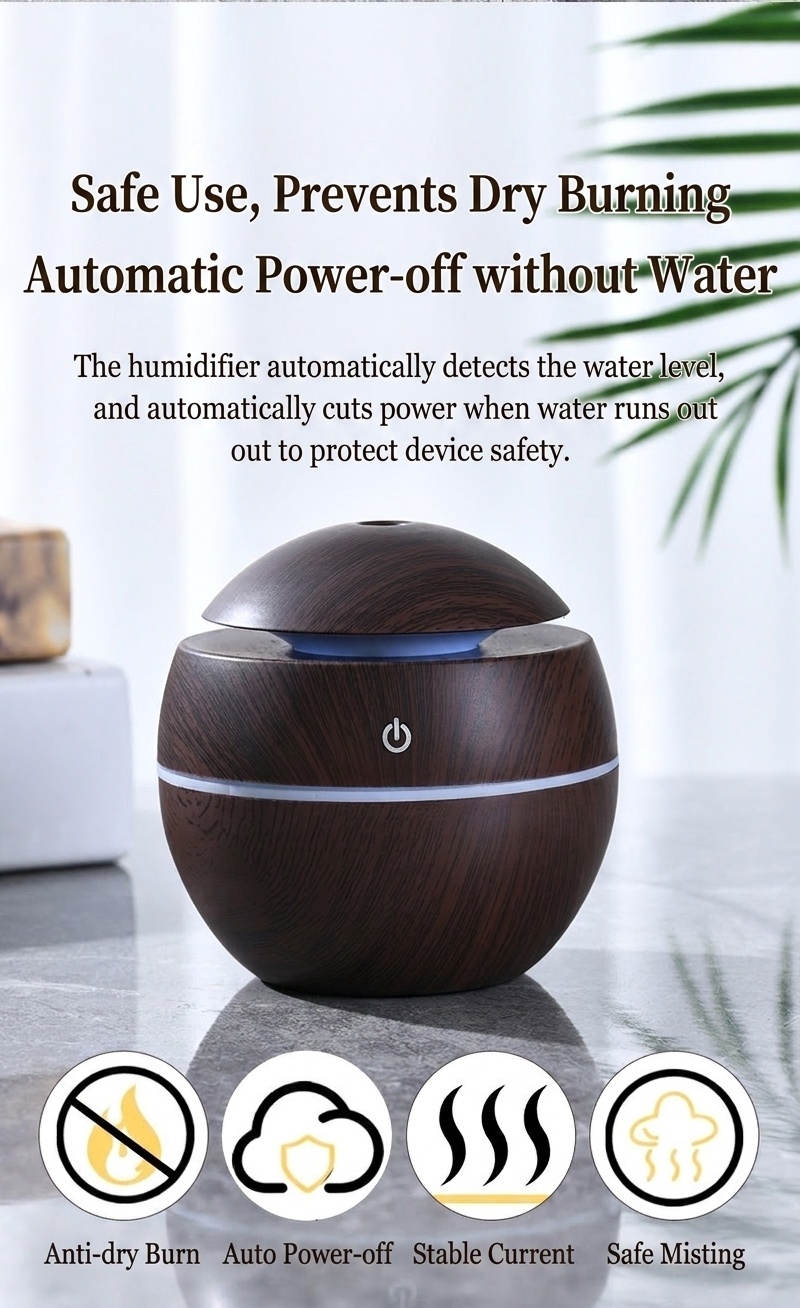 Mini humidificador USB con diseño de vetas de madera y difusor de aromas, 200 ml, portátil, silencioso, generador de niebla ultrasónico con luz LED de 9 colores, modos de 4/8 horas para el hogar y el escritorio.