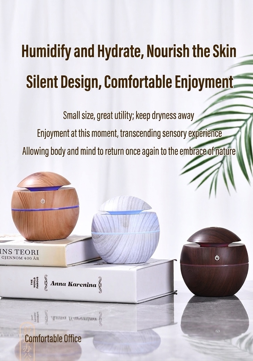 Mini humidificador USB con diseño de vetas de madera y difusor de aromas, 200 ml, portátil, silencioso, generador de niebla ultrasónico con luz LED de 9 colores, modos de 4/8 horas para el hogar y el escritorio.