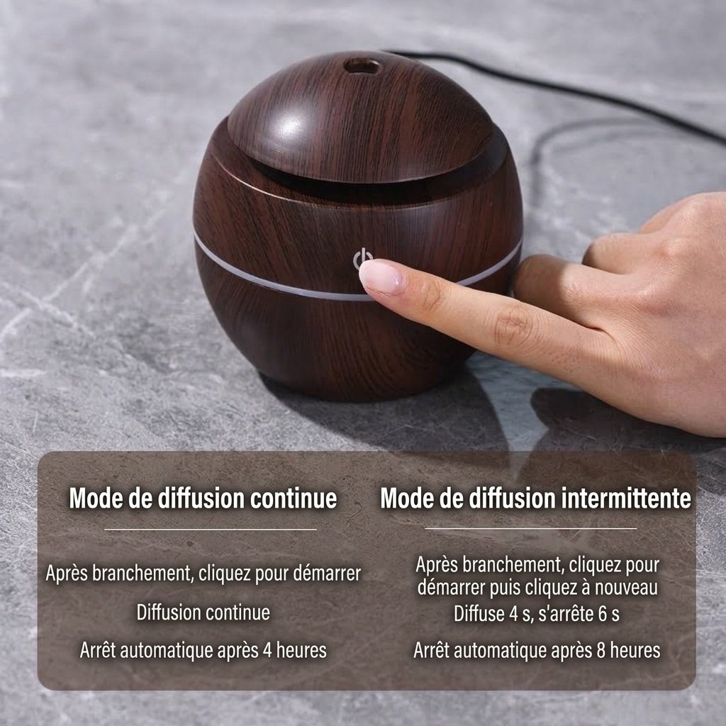 Mini humidificateur et diffuseur d'arômes USB imitation bois, brumisateur ultrasonique portable de 200 ml avec lumière LED 9 couleurs, modes 4/8 heures pour la maison et le bureau