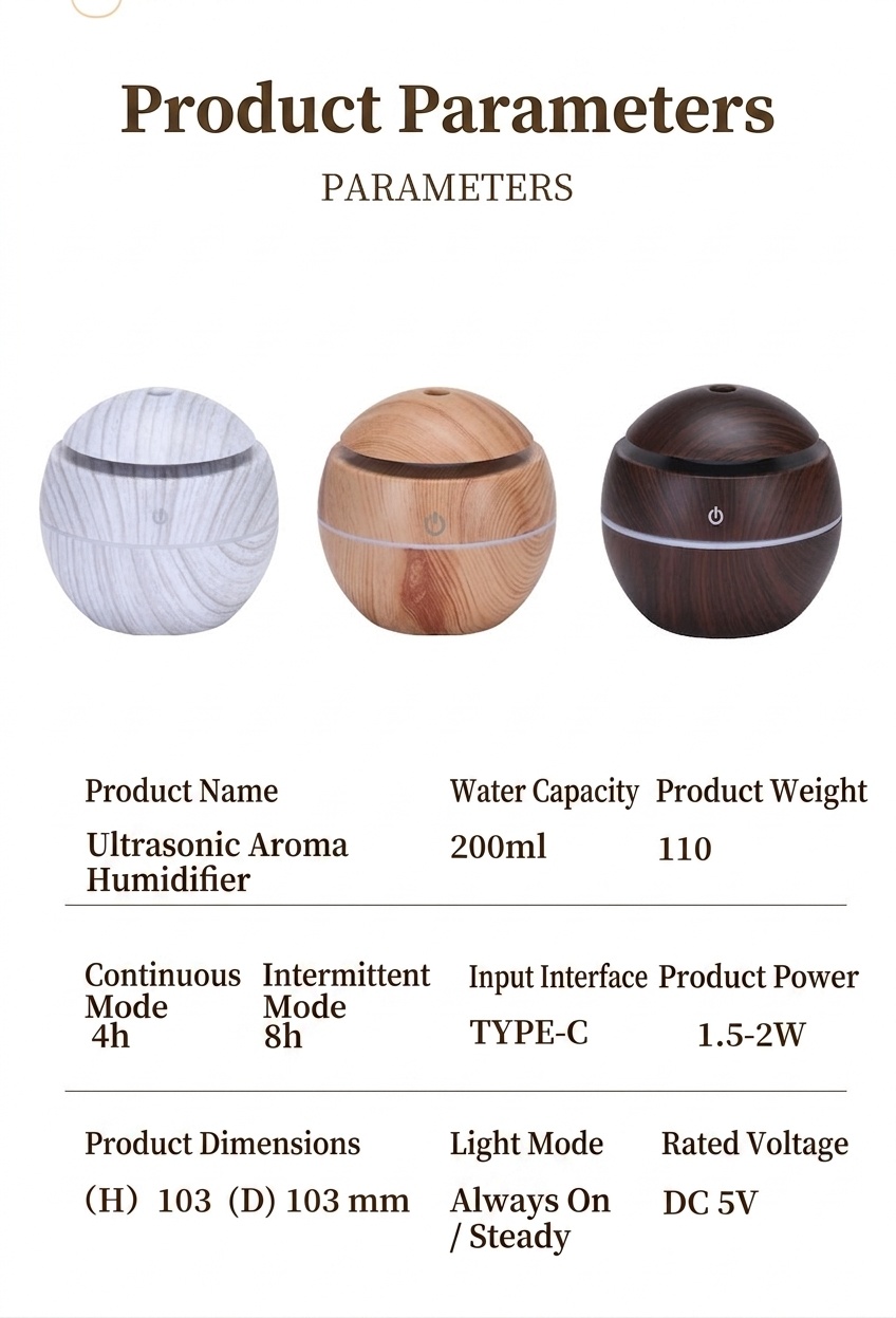 Mini humidificador USB con diseño de vetas de madera y difusor de aromas, 200 ml, portátil, silencioso, generador de niebla ultrasónico con luz LED de 9 colores, modos de 4/8 horas para el hogar y el escritorio.