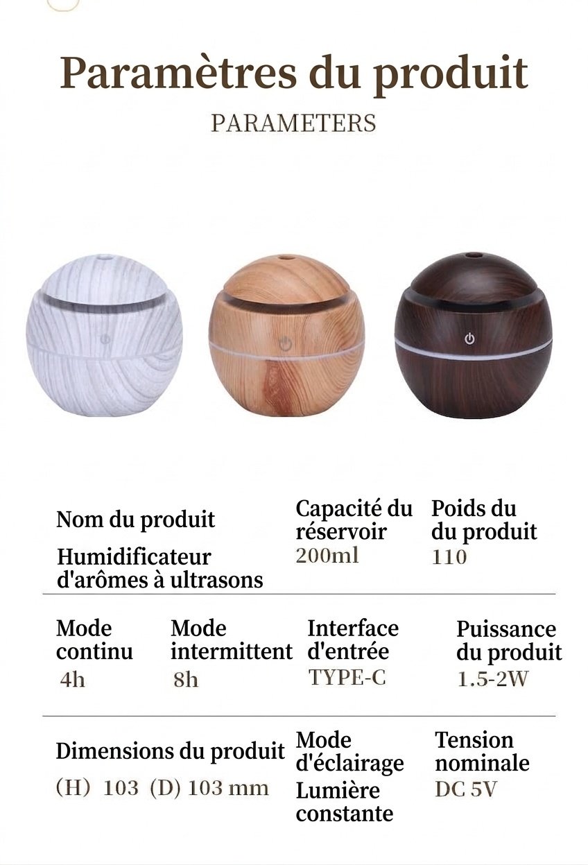Mini humidificateur et diffuseur d'arômes USB imitation bois, brumisateur ultrasonique portable de 200 ml avec lumière LED 9 couleurs, modes 4/8 heures pour la maison et le bureau