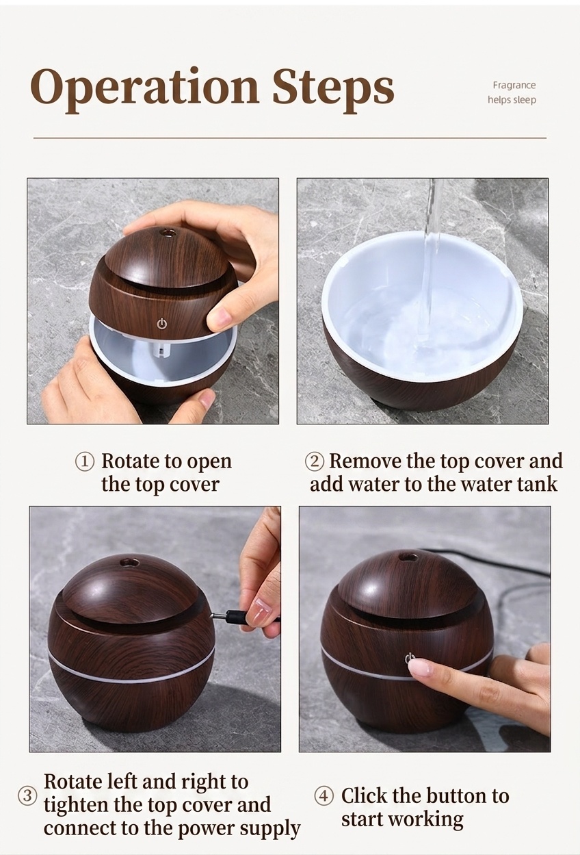 Mini humidificador USB con diseño de vetas de madera y difusor de aromas, 200 ml, portátil, silencioso, generador de niebla ultrasónico con luz LED de 9 colores, modos de 4/8 horas para el hogar y el escritorio.