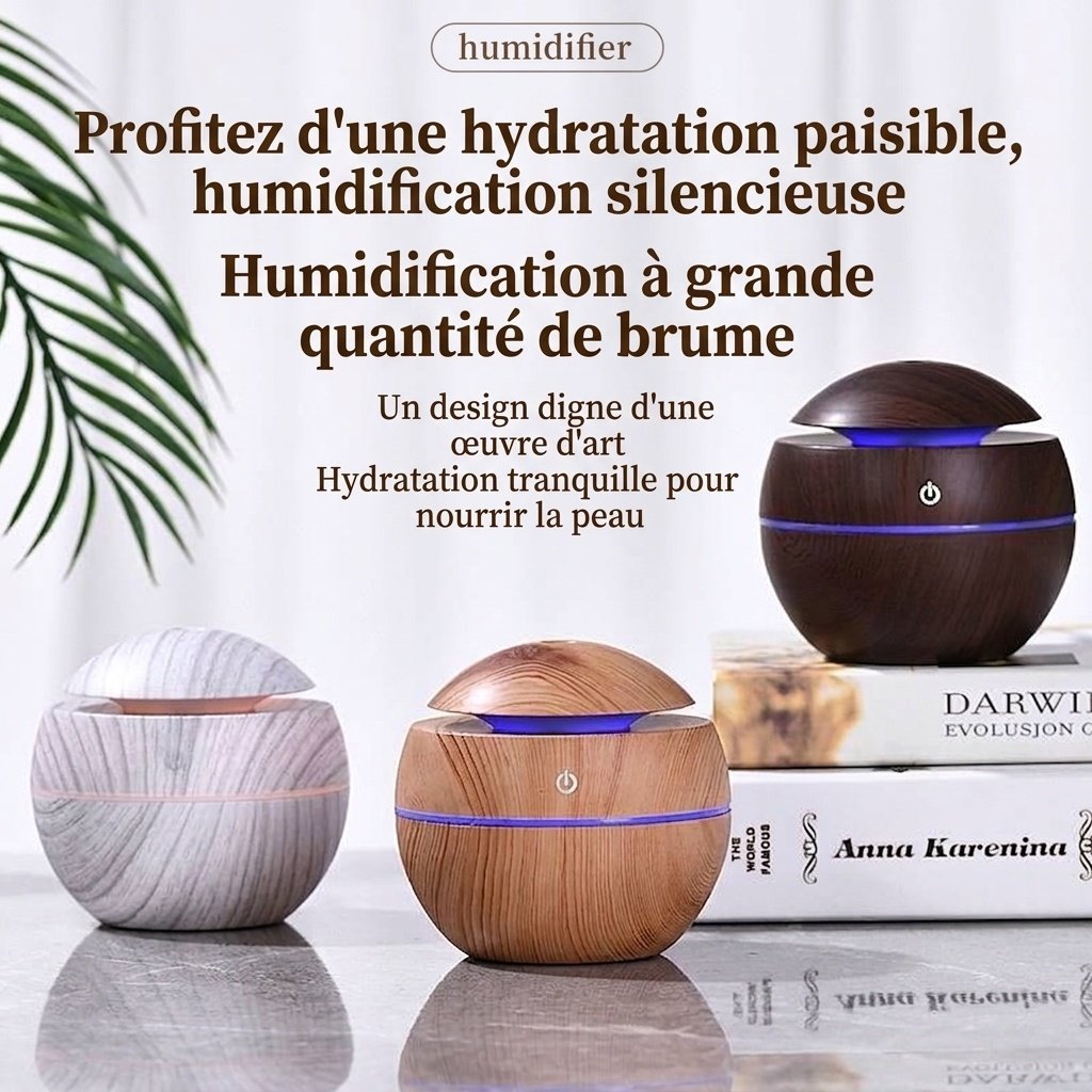 Mini humidificateur et diffuseur d'arômes USB imitation bois, brumisateur ultrasonique portable de 200 ml avec lumière LED 9 couleurs, modes 4/8 heures pour la maison et le bureau