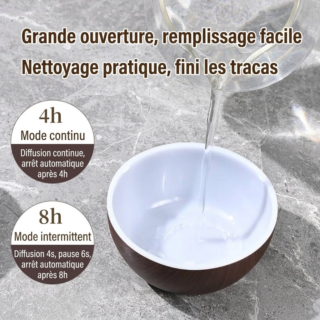 Mini humidificateur et diffuseur d'arômes USB imitation bois, brumisateur ultrasonique portable de 200 ml avec lumière LED 9 couleurs, modes 4/8 heures pour la maison et le bureau