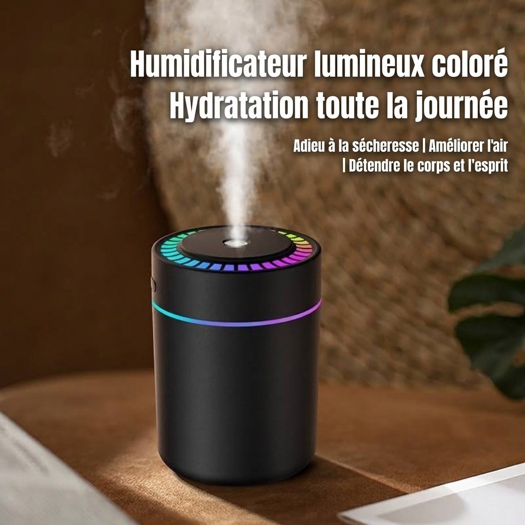 Humidificateur RGB portable et mini diffuseur d'air USB, brumisateur nano 180 ml avec éclairage d'ambiance vibrant, chargement USB-C, fonctionnement silencieux pour la maison