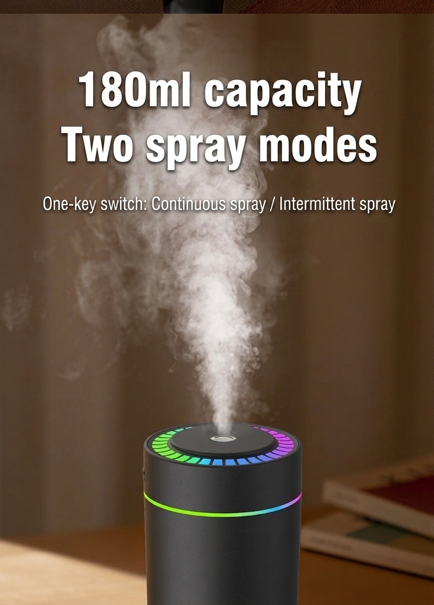 Humidificador RGB portátil y mini difusor de aire USB, generador de nano niebla de 180 ml con iluminación ambiental vibrante, carga tipo C, funcionamiento silencioso para el hogar.