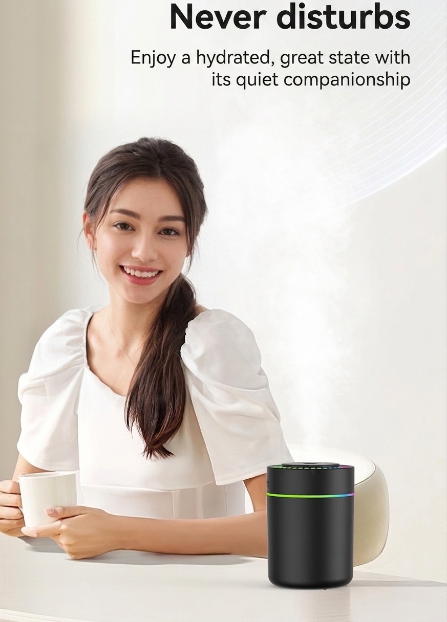 Humidificador RGB portátil y mini difusor de aire USB, generador de nano niebla de 180 ml con iluminación ambiental vibrante, carga tipo C, funcionamiento silencioso para el hogar.