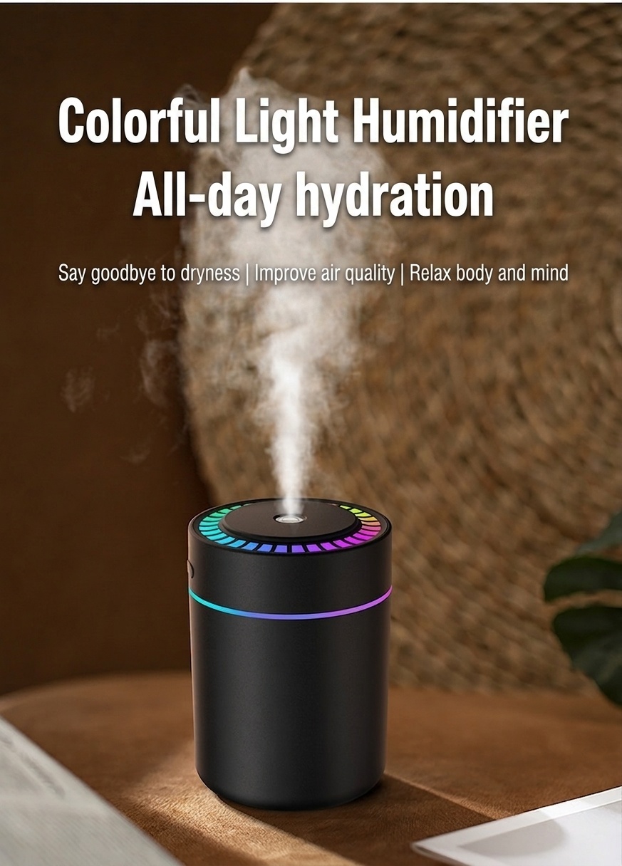 Humidificador RGB portátil y mini difusor de aire USB, generador de nano niebla de 180 ml con iluminación ambiental vibrante, carga tipo C, funcionamiento silencioso para el hogar.