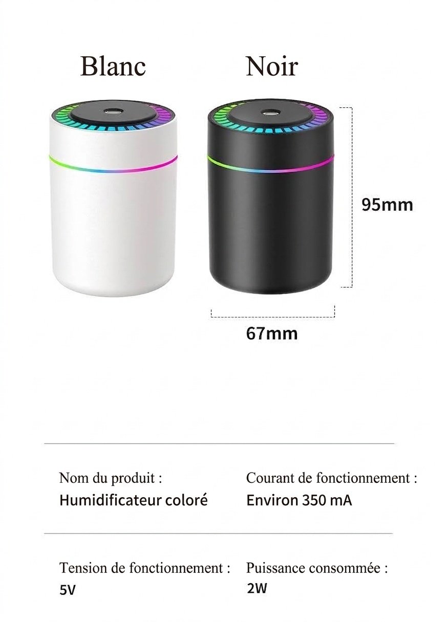 Humidificateur RGB portable et mini diffuseur d'air USB, brumisateur nano 180 ml avec éclairage d'ambiance vibrant, chargement USB-C, fonctionnement silencieux pour la maison
