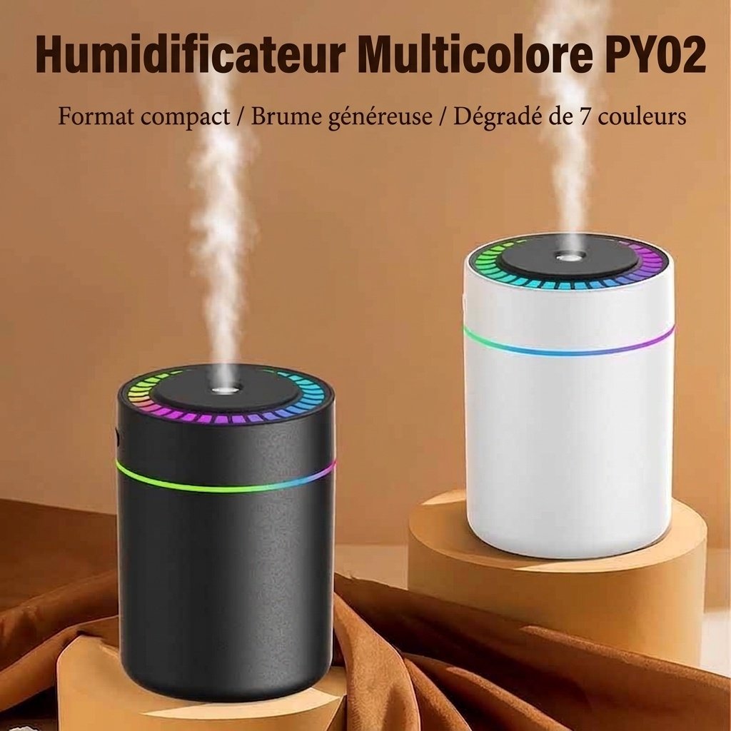 Humidificateur RGB portable et mini diffuseur d'air USB, brumisateur nano 180 ml avec éclairage d'ambiance vibrant, chargement USB-C, fonctionnement silencieux pour la maison