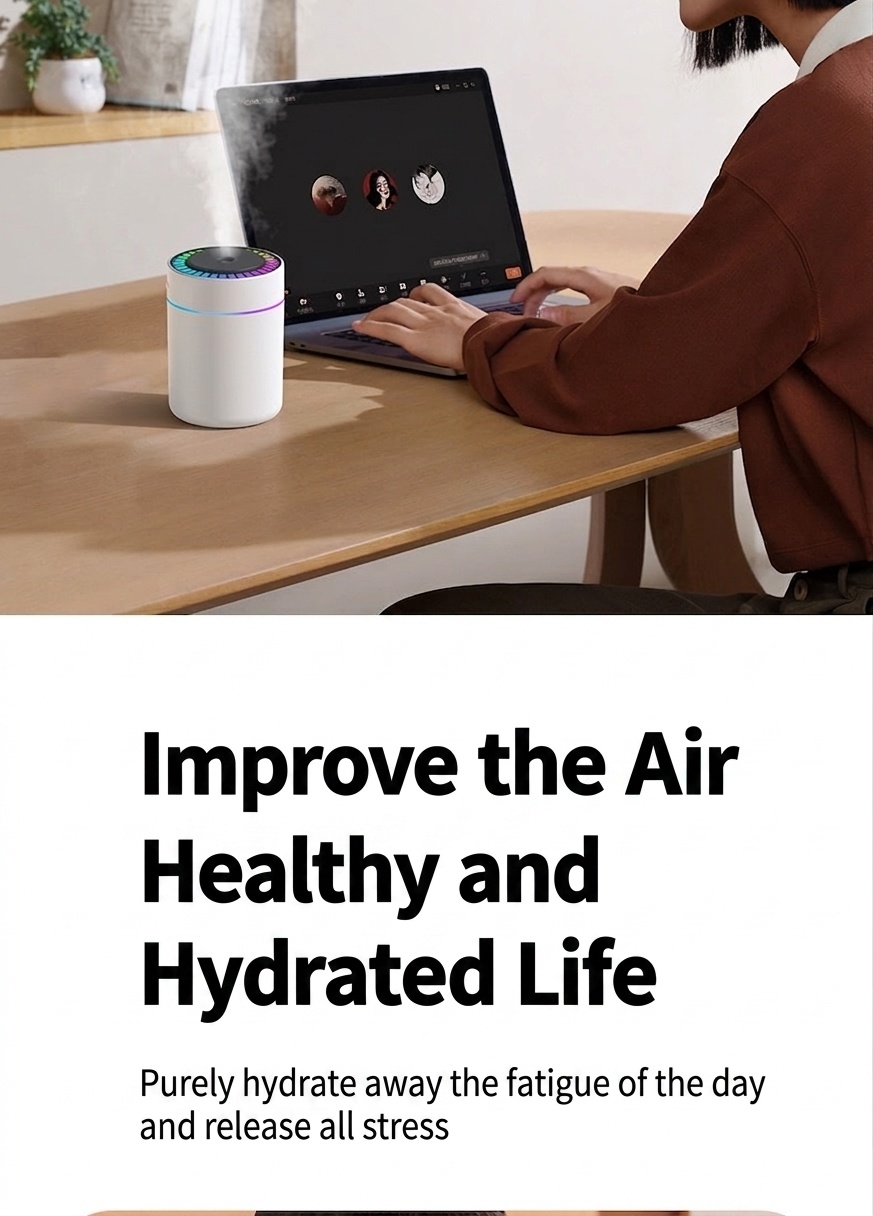 Humidificador RGB portátil y mini difusor de aire USB, generador de nano niebla de 180 ml con iluminación ambiental vibrante, carga tipo C, funcionamiento silencioso para el hogar.