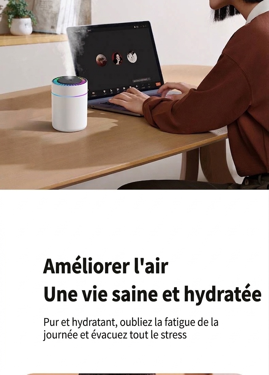 Humidificateur RGB portable et mini diffuseur d'air USB, brumisateur nano 180 ml avec éclairage d'ambiance vibrant, chargement USB-C, fonctionnement silencieux pour la maison
