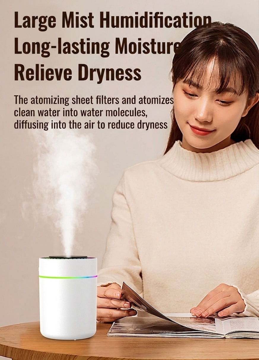 Humidificador RGB portátil y mini difusor de aire USB, generador de nano niebla de 180 ml con iluminación ambiental vibrante, carga tipo C, funcionamiento silencioso para el hogar.
