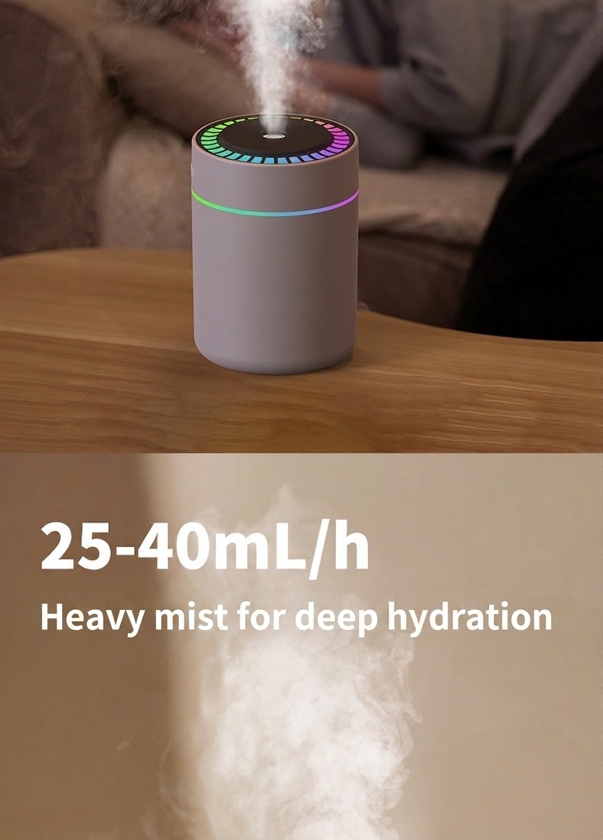 Humidificador RGB portátil y mini difusor de aire USB, generador de nano niebla de 180 ml con iluminación ambiental vibrante, carga tipo C, funcionamiento silencioso para el hogar.