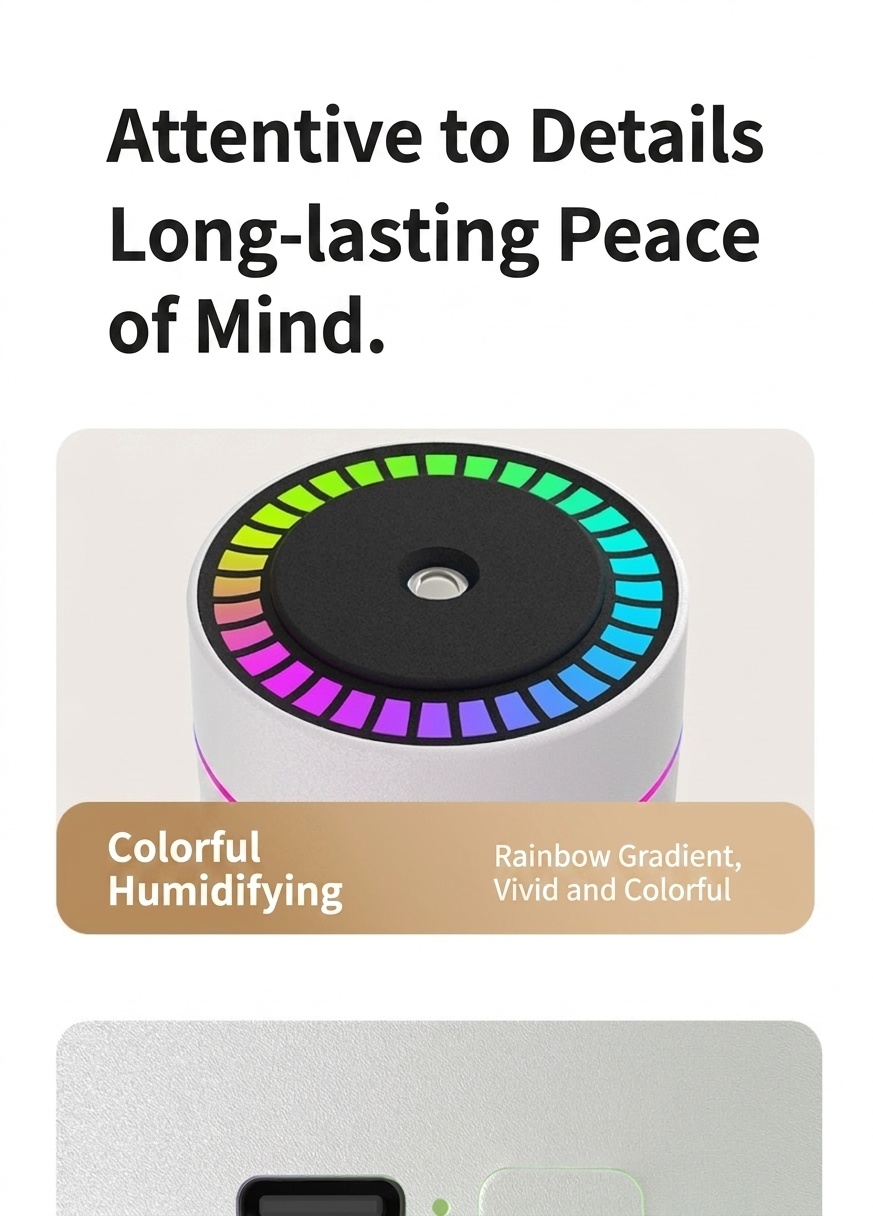 Humidificador RGB portátil y mini difusor de aire USB, generador de nano niebla de 180 ml con iluminación ambiental vibrante, carga tipo C, funcionamiento silencioso para el hogar.