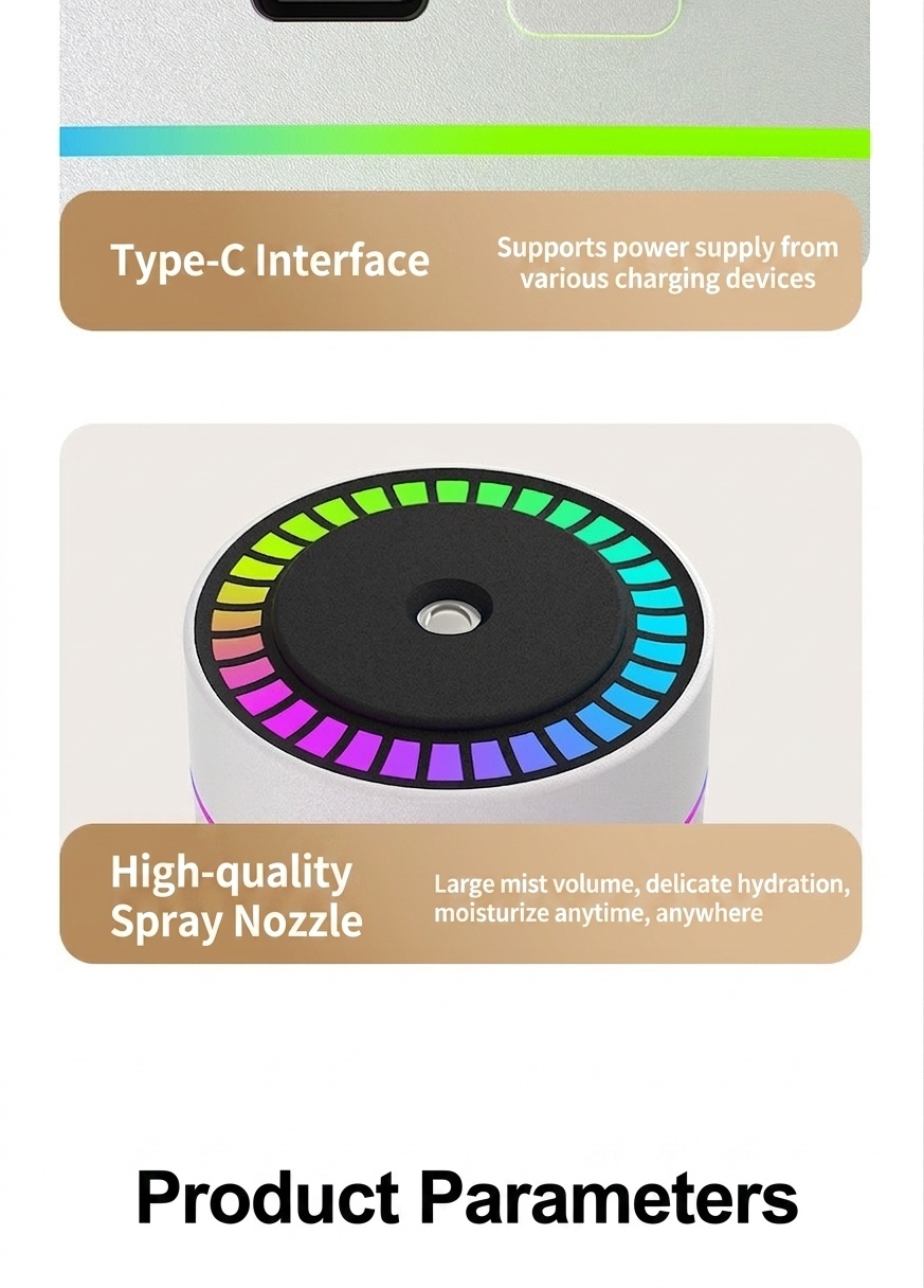 Humidificador RGB portátil y mini difusor de aire USB, generador de nano niebla de 180 ml con iluminación ambiental vibrante, carga tipo C, funcionamiento silencioso para el hogar.