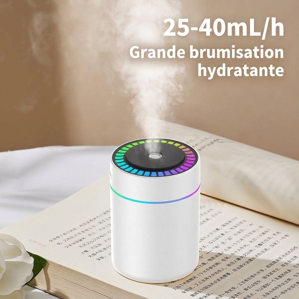 Humidificateur RGB portable et mini diffuseur d'air USB, brumisateur nano 180 ml avec éclairage d'ambiance vibrant, chargement USB-C, fonctionnement silencieux pour la maison