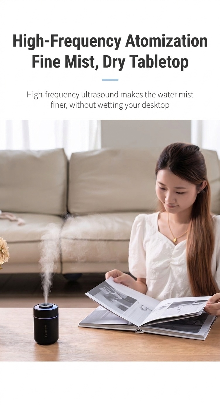 Humidificador portátil mini BW-1, difusor de aire USB silencioso con luz nocturna LED de colores, tecnología de niebla fina y 2 modos de pulverización para el hogar, la oficina y el coche.