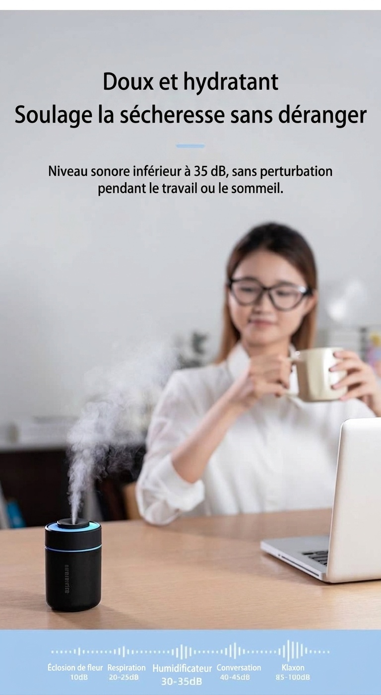 Humidificateur portable BW-1 Mini, diffuseur d'air USB silencieux avec veilleuse LED colorée, technologie de brumisation fine et 2 modes de pulvérisation pour la maison, le bureau et la voiture