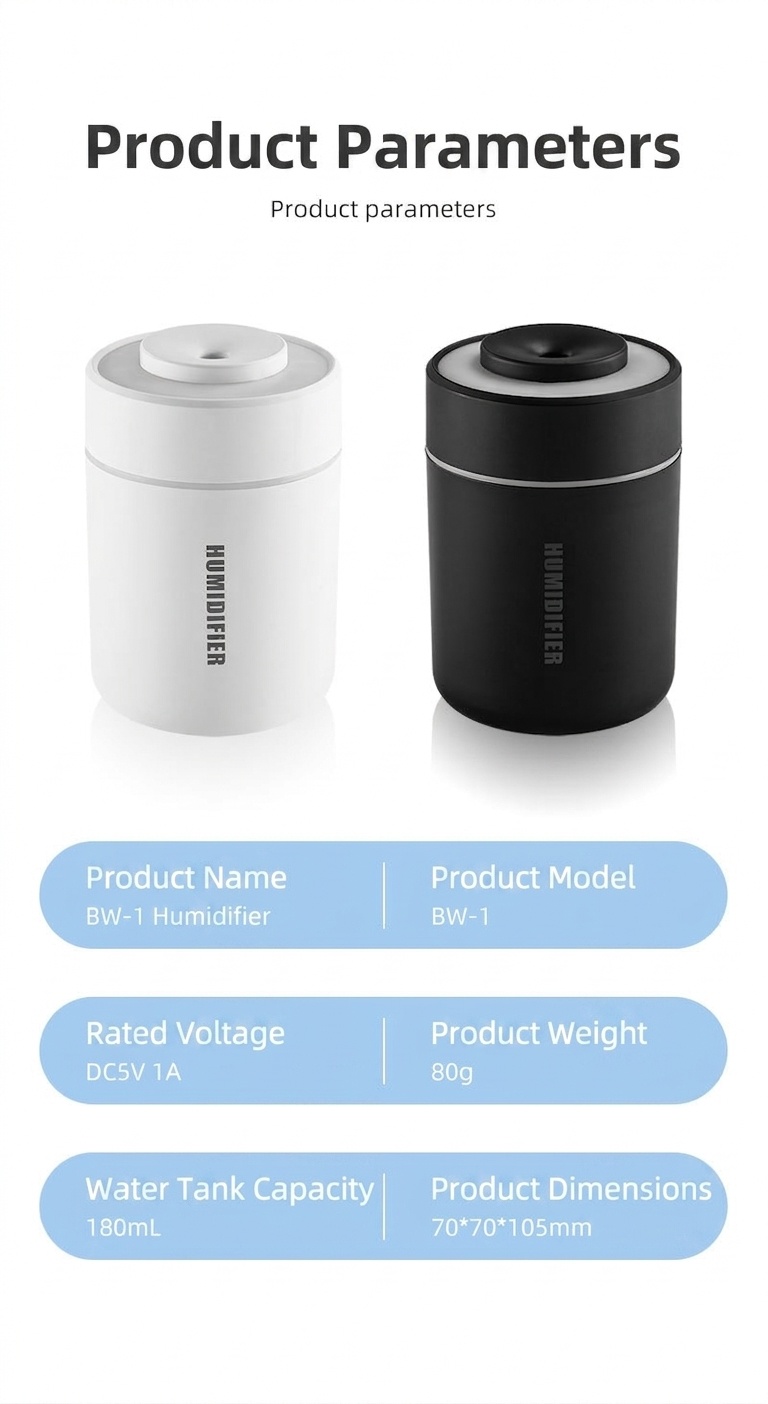 Humidificador portátil mini BW-1, difusor de aire USB silencioso con luz nocturna LED de colores, tecnología de niebla fina y 2 modos de pulverización para el hogar, la oficina y el coche.