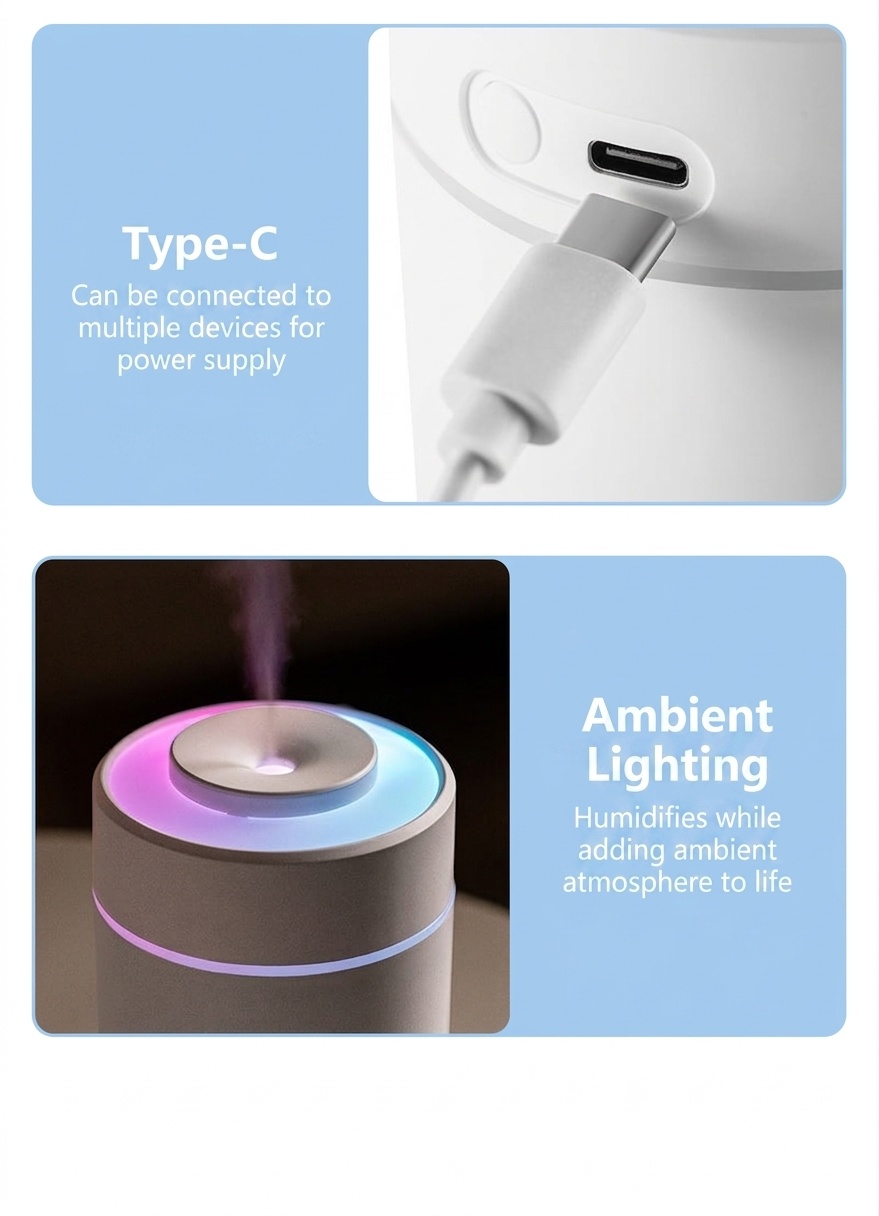Humidificador portátil mini BW-1, difusor de aire USB silencioso con luz nocturna LED de colores, tecnología de niebla fina y 2 modos de pulverización para el hogar, la oficina y el coche.