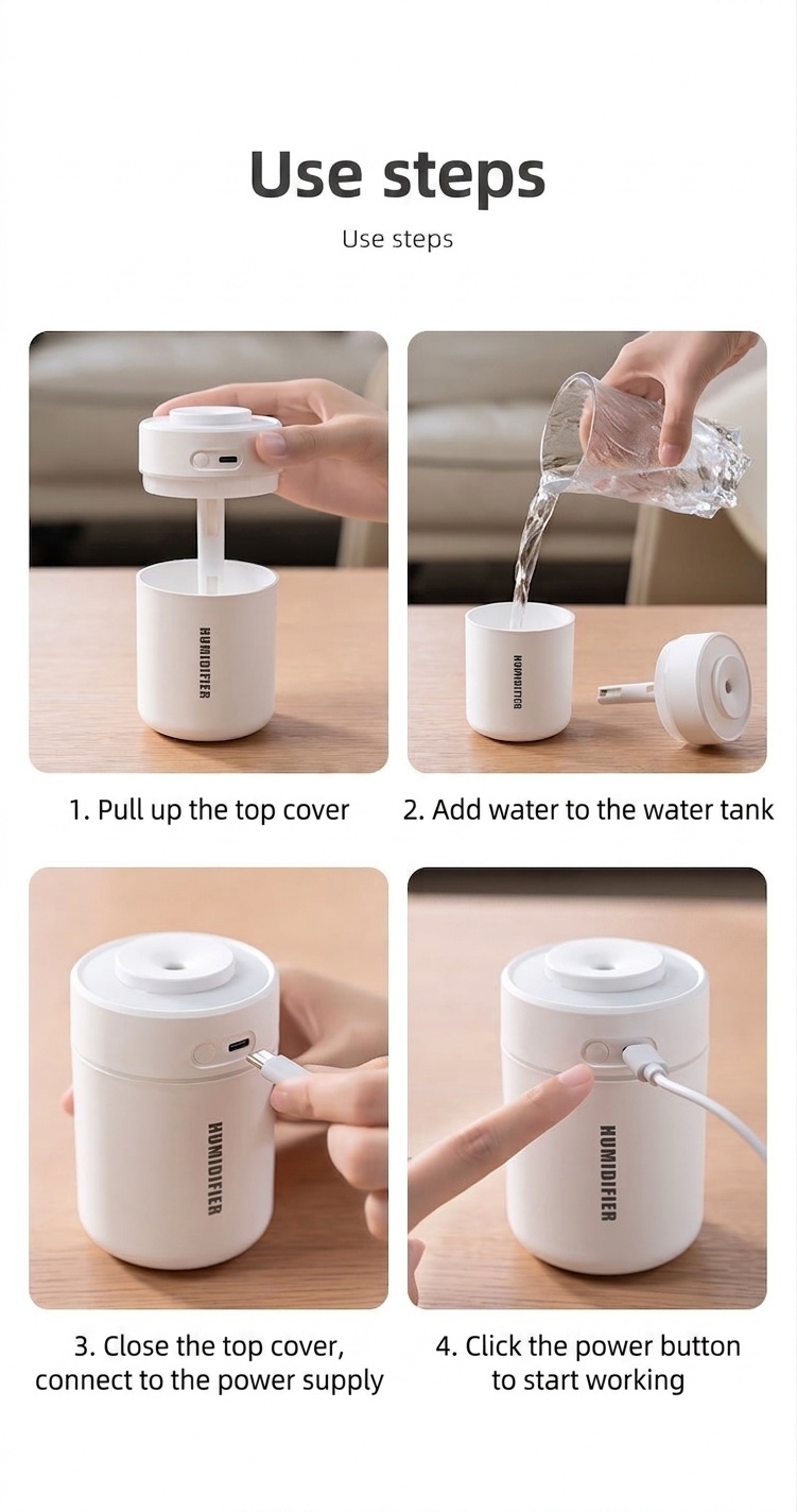Humidificador portátil mini BW-1, difusor de aire USB silencioso con luz nocturna LED de colores, tecnología de niebla fina y 2 modos de pulverización para el hogar, la oficina y el coche.