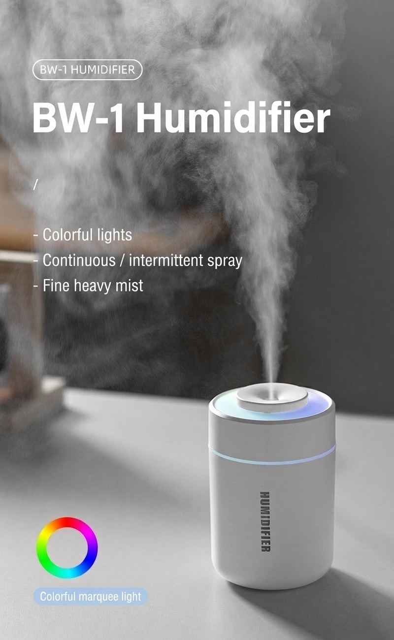Humidificador portátil mini BW-1, difusor de aire USB silencioso con luz nocturna LED de colores, tecnología de niebla fina y 2 modos de pulverización para el hogar, la oficina y el coche.
