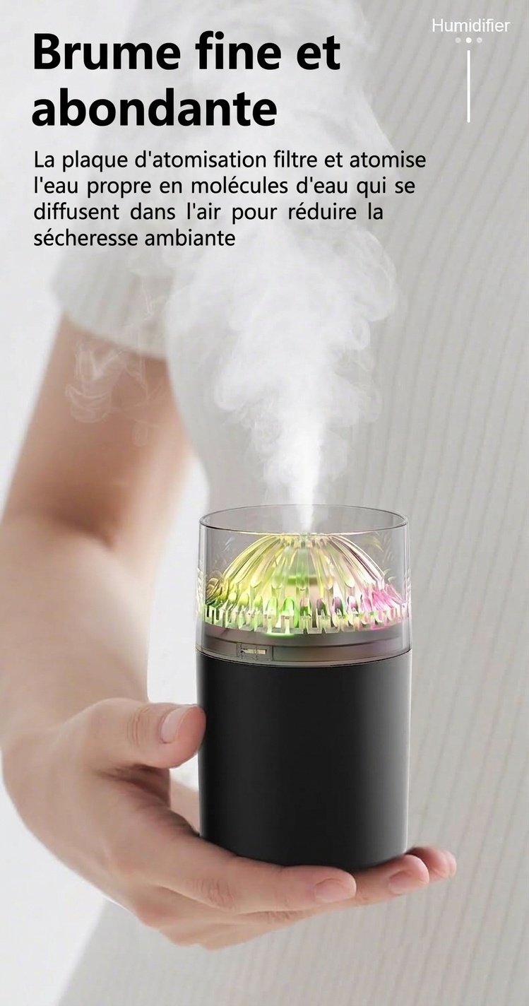Mini humidificateur portable, diffuseur d'air USB à nano-brume de 180 ml avec lumière LED RGB, fonctionnement silencieux de 4 à 8 heures pour la voiture, le bureau, la chambre et les voyages.