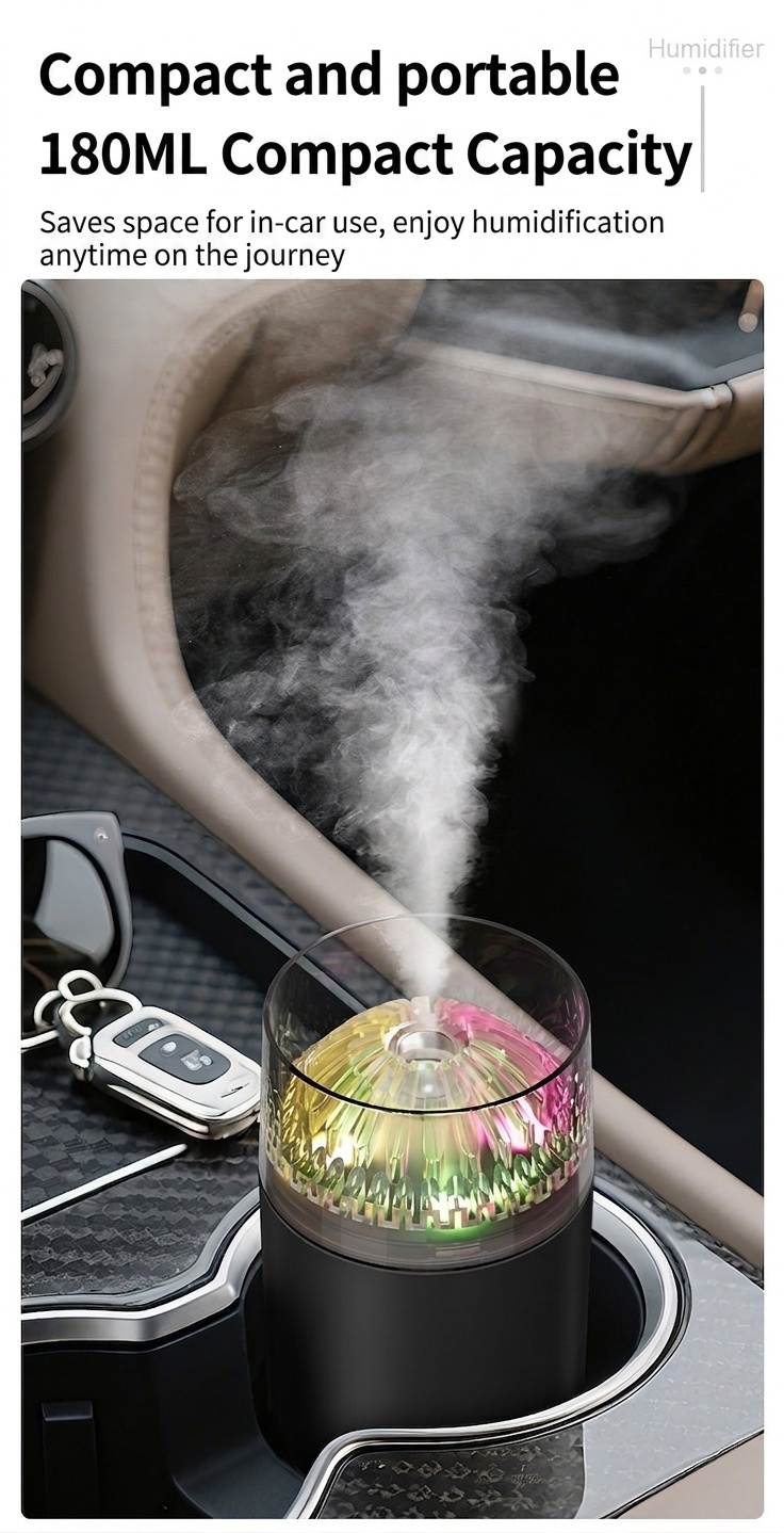 Mini humidificador portátil, difusor de aire USB de nano niebla de 180 ml con luz LED RGB, funcionamiento silencioso de 4 a 8 horas para coche, oficina, dormitorio y viajes.