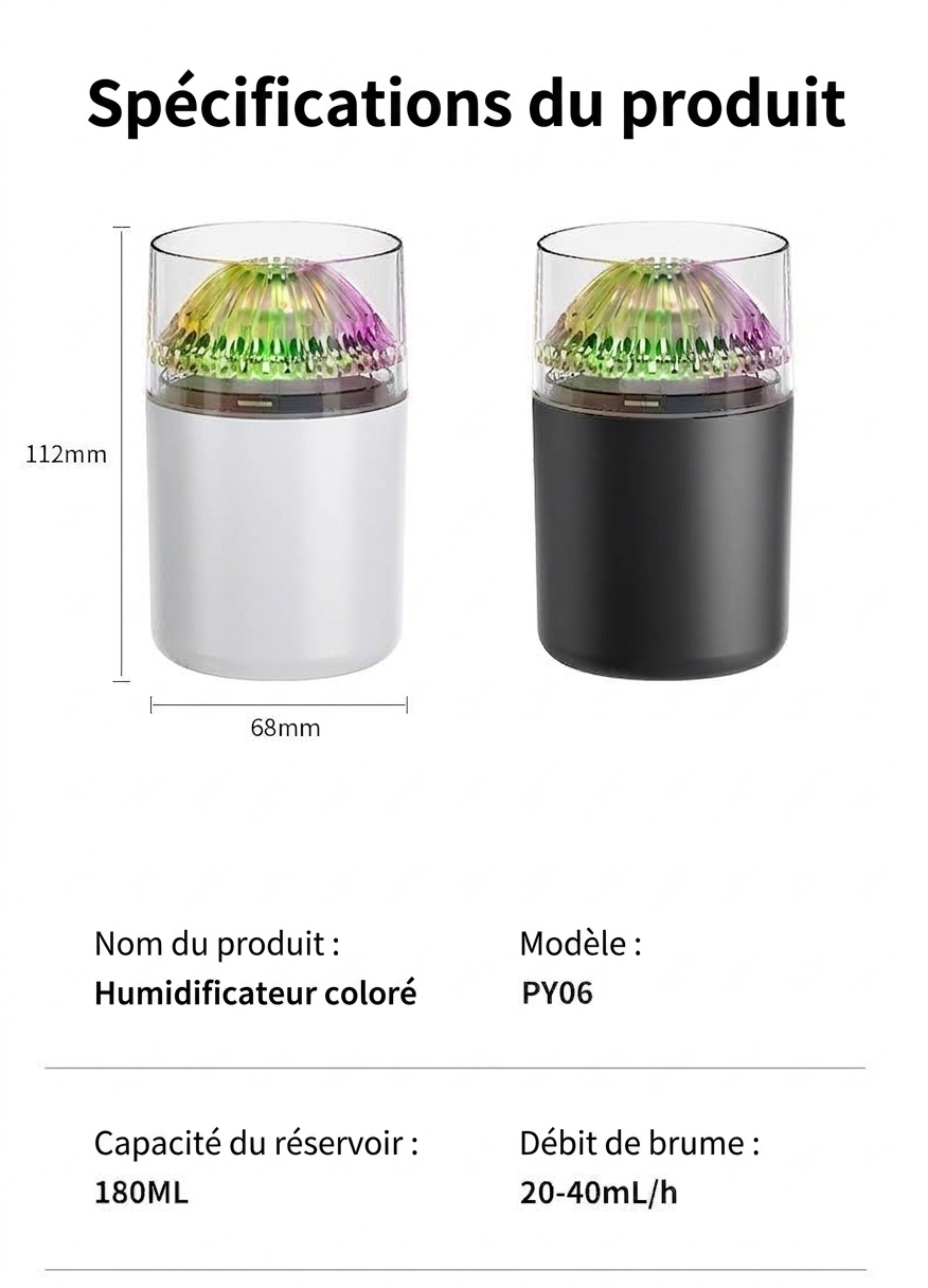 Mini humidificateur portable, diffuseur d'air USB à nano-brume de 180 ml avec lumière LED RGB, fonctionnement silencieux de 4 à 8 heures pour la voiture, le bureau, la chambre et les voyages.