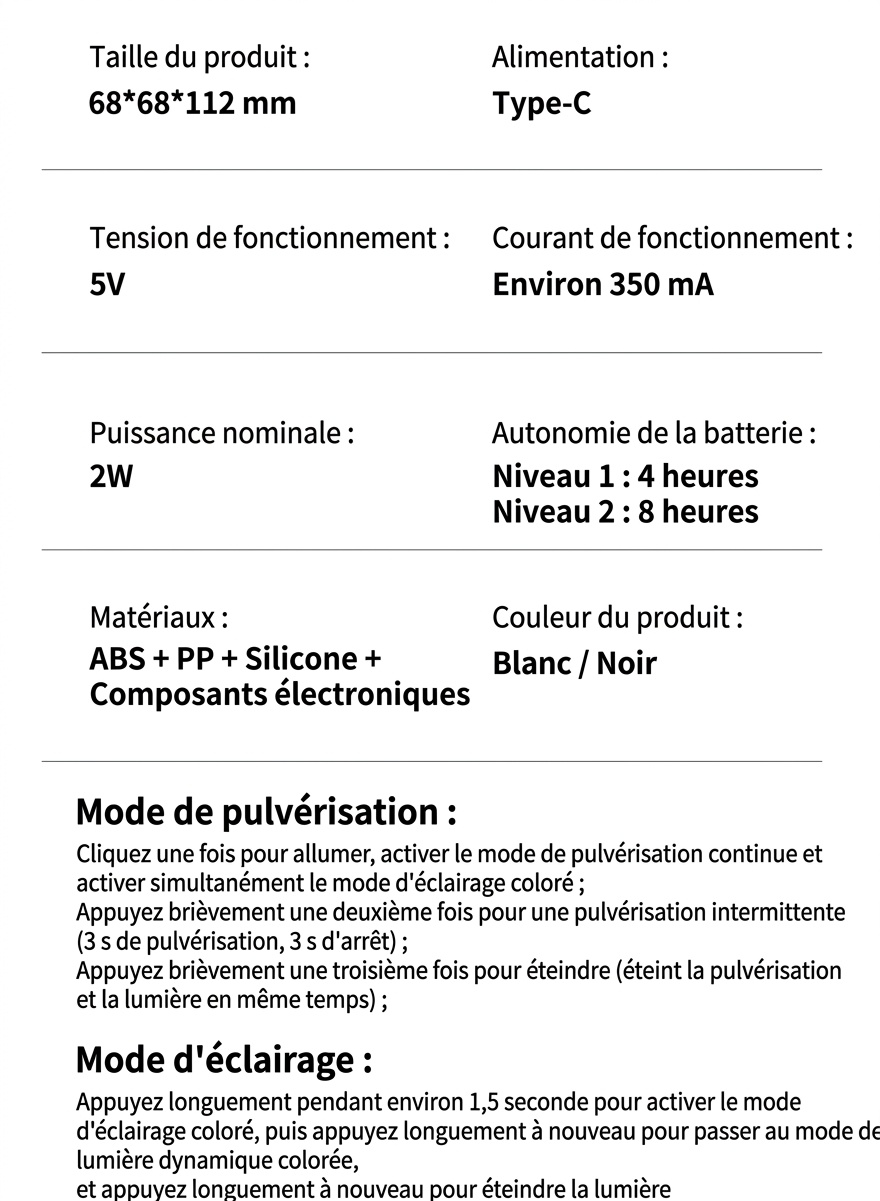 Mini humidificateur portable, diffuseur d'air USB à nano-brume de 180 ml avec lumière LED RGB, fonctionnement silencieux de 4 à 8 heures pour la voiture, le bureau, la chambre et les voyages.