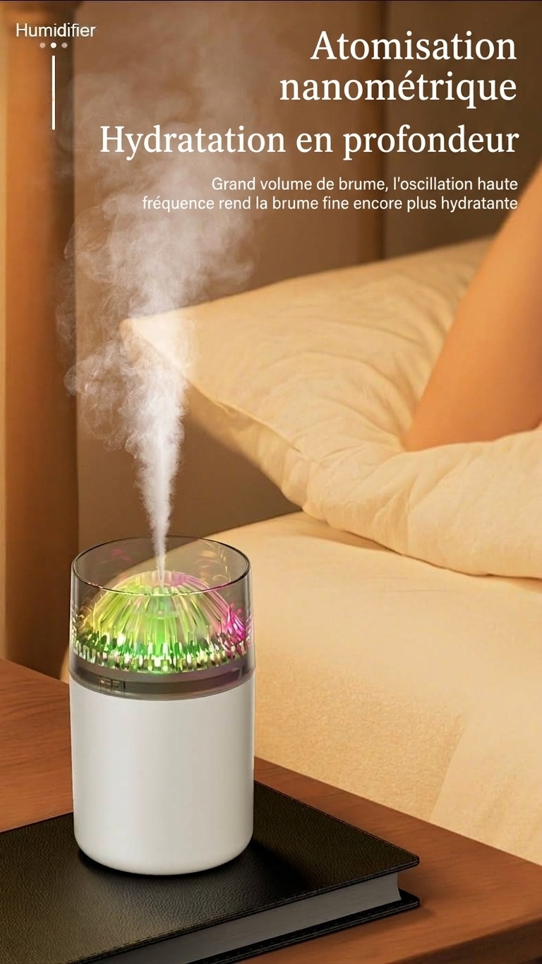 Mini humidificateur portable, diffuseur d'air USB à nano-brume de 180 ml avec lumière LED RGB, fonctionnement silencieux de 4 à 8 heures pour la voiture, le bureau, la chambre et les voyages.